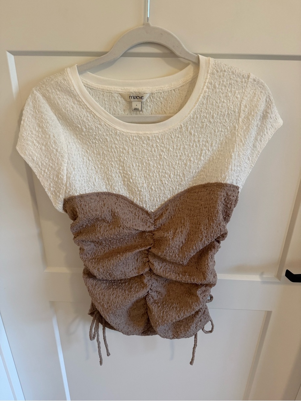 Maeve Anthropologie Textured Ruched Colorblock Top Cream Taupe Short Sleeve Sz S